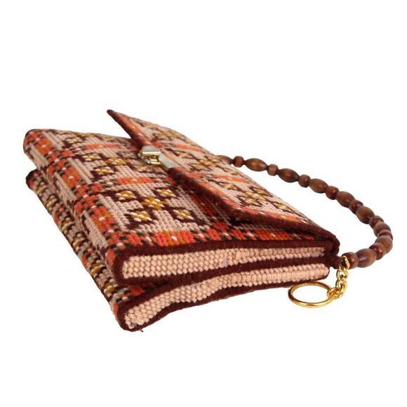 HANDMADE EMBROIDERED MULTICOLOR TAPESTRY WOOD HANDLE FLAP POCKETBOOK HANDBAG - Picture 8 of 14